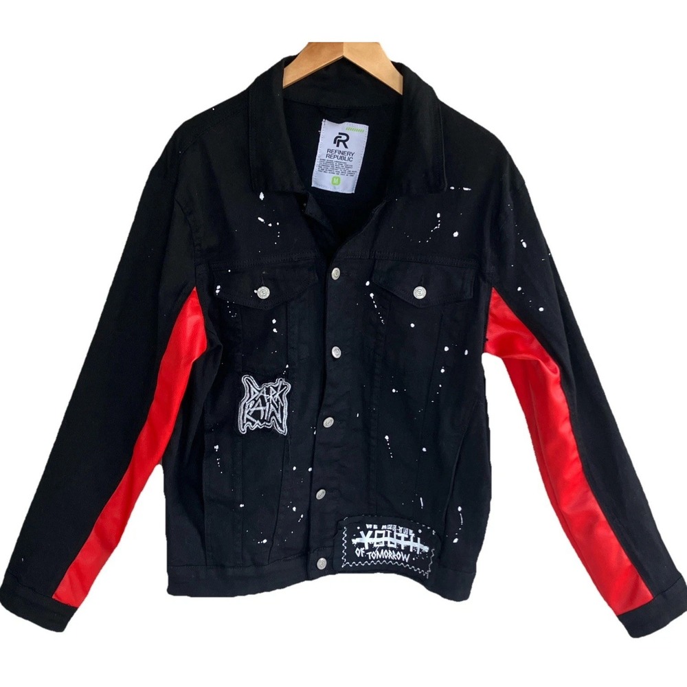 Refinery Republic Black Denim Jacket Red Faux Leather Streetwear Thrashed‎ Sz M